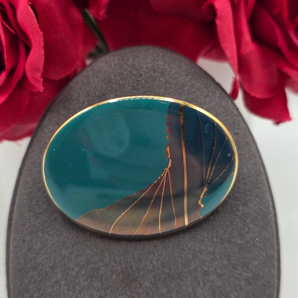 Vintage Signed Rachel Abstract Enamel Oval Brooch Teal Blue Ceramic Art Handmade